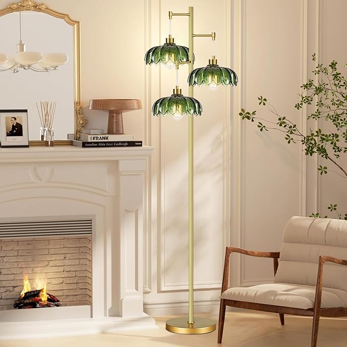 Glass Floor Lamp for Living Room,Bedroom,Mid Century Modern Standing Lamp Brass Tree 3 Light Tall Floor Lamps Vintage Retro Floor Lights Gold Green Flower Lamp Shade Farmhouse Boho Bohemian