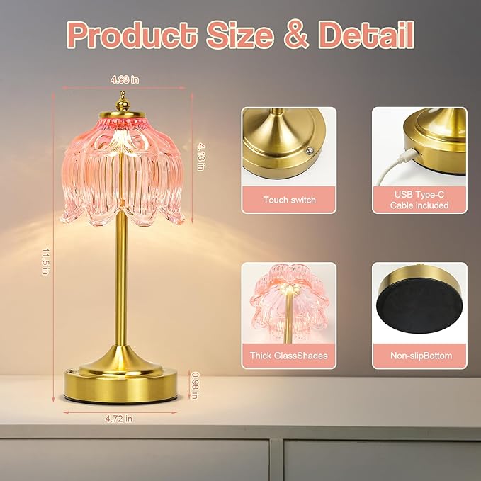 Cordless Lotus Flower Table Lamp, 5200mAh Rechargeable Battery Operated Portable Lamp, 3-Color Dimmable Touch Control Small Desk Lamp for Bedroom, Office, Kitchen, Nightstand,Room Decor (Flower Pink)