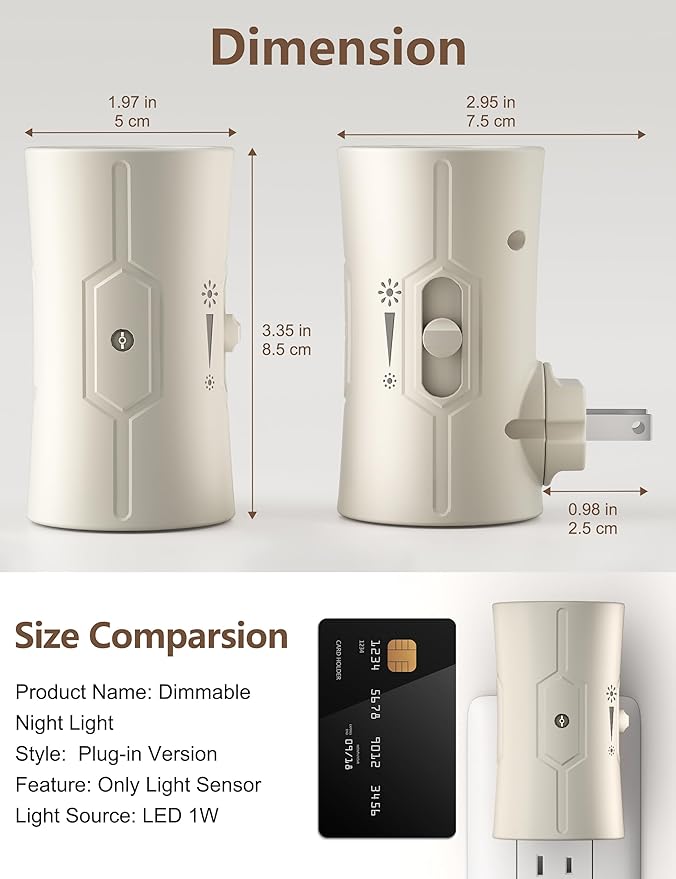 Night Light, LED Night Lights Plug into Wall, [2 Pack] Warm White 3000K, 0-100LM Adjustable Brightness Light Sensor Nightlights Plug in Wall for Hallway, Bathroom, Adults, Neutral Beige