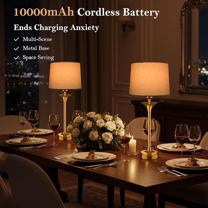 Mid Century Modern Cordless Table Lamp, Gold Glam Table Lamp with Tapered Fabric Shade, Classic Elegant Table Lamp for Living Room Bedroom Entryway Console, Detachable Magnetic Bulb, 10000mAh