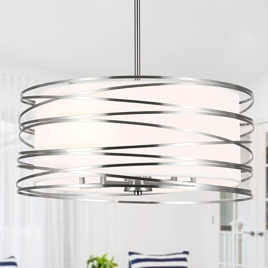 19.7'' Brushed Nickel Drum Chandeliers for Dining Room, 5-Lights Kitchen Chandeliers Over Table, Entryway Light Fixture Hanging, Industrial Round Chandelier for Living Room Stairwell Bedroom