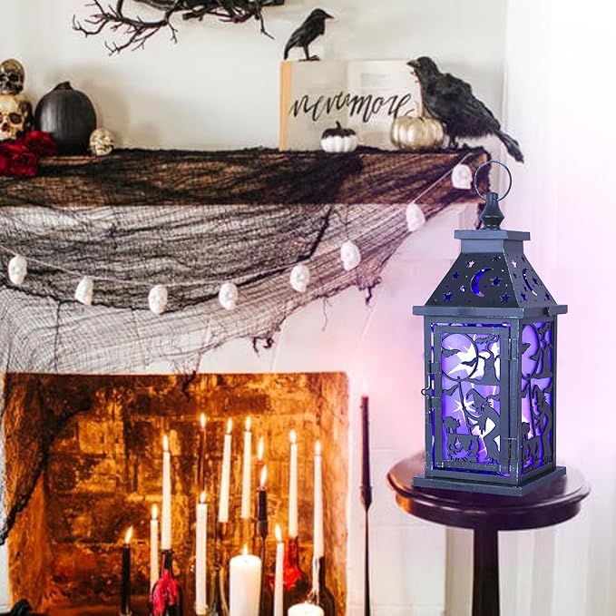 DECORKEY Halloween Decorations Indoor, 14.9" Decorative Witch & Bat Candle Lantern with 82" LED Lights(8 Modes; No Battery), Hanging Spooky Halloween Lanterns, Outdoor Home Room Door Party Decor