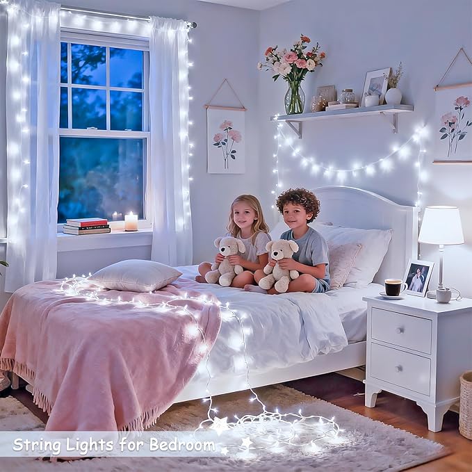 JMEXSUSS 2 Pack 100 LED White Christmas Lights Indoor, 33ft 8 Modes White String Lights Indoor Outdoor Connectable, Clear Wire Christmas String Lights for Bedroom Tree Xmas House Party Decorations
