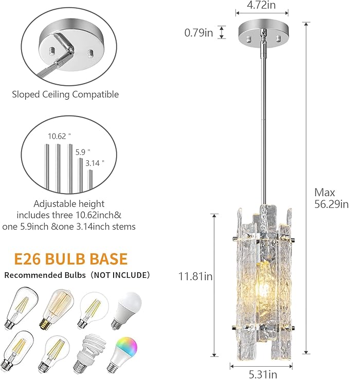 Modern Crystal Pendant Lighting Chrome Pendant Lights Mini Glass Chandeliers, Adjustable Pendant Light Fixture for Kitchen Island Bedroom Living Room Dining Room Corridor(2Pack)