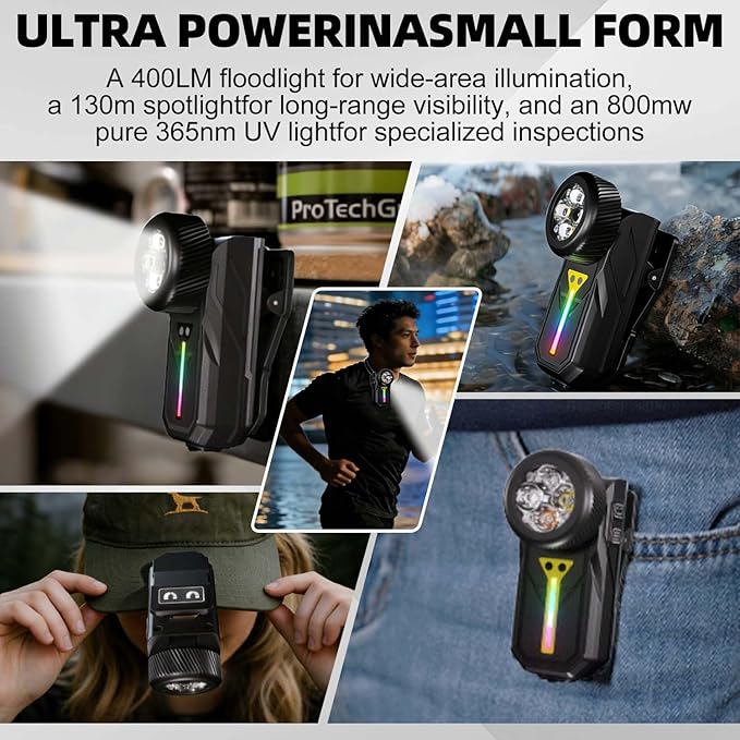 Rechargeable Flashlights EDC Clip-on Light, Bright 680 Lumens Pocket Flashlight, Combines Spotlight/Floodlight/RGB Light, Magnetic, IPX6 Waterproof for Cycling, Repairing (Black)