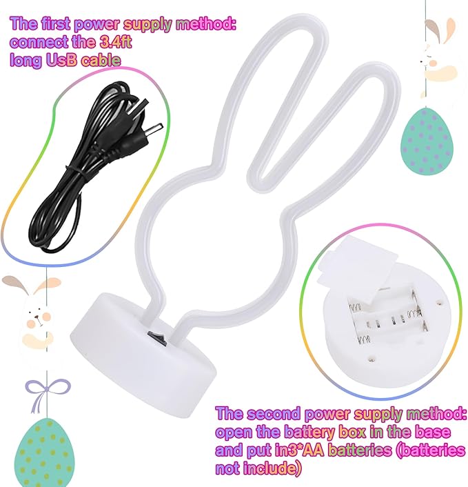 Bunny Shape LED Neon Signs, Colorful Rainbow Rabbit Neon Lights USB/Battery Powered Night Lights with Base, Cute Rabbit Head Neon Lamp for Easter Table Art Decoration (Colorful)