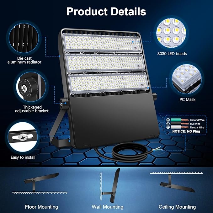 360W Stadium Flood Light Fixture Outdoor LED, 50800 LM 110-270v Commercial Super Bright Parking lot Light 5000k, IP65 Waterproof Exterior Yoke Mount Lighting Security for Arena, Field, Court