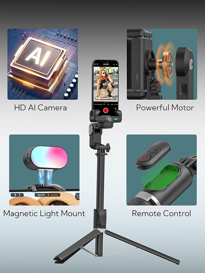 AOCHUAN Auto Face Tracking Tripod 360 Rotation w/Stand,Selfie Stick Tripod for iPhone Android w/RGB Light,Remote Control,Phone Stand Follow You for Video Recording for TikTok Vlogging(M2Pro Black)