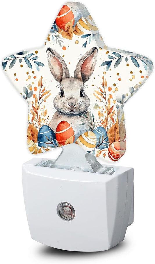 Night Light,Cute Easter Bunny Plug into Wall with Dusk to Dawn Light Sensors,Eggs Rabbit Warm Star Nightlights for Bedroom,Bathroom,Hallway,Kitchen Home Decor Desk Lamp