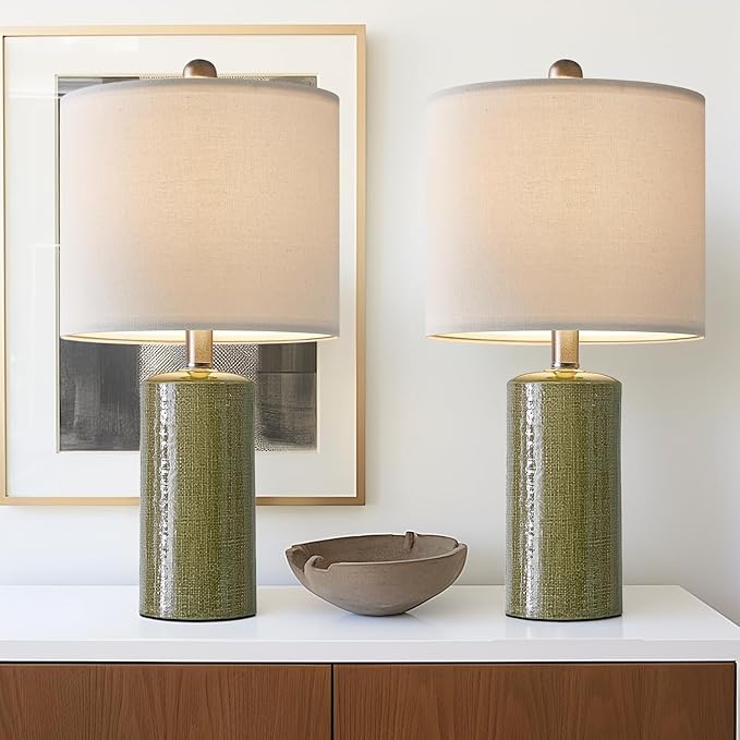 20.25" Small Table Lamps Set of 2 Modern Ceramic Lamps for Living Room Farmhouse Bedside Lamps Boho Lamps for Night Stands Green Bedroom Lamp Side Table Lamps End Table Lamp