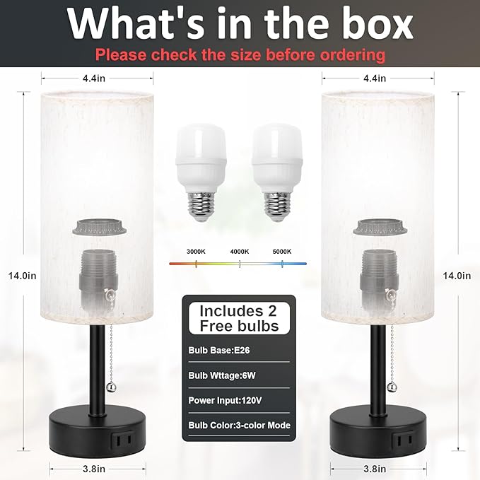 Fenmzee Bedside Table Lamps Set of 2-3 Color Temperatures Pull Chain Lamp with AC Outlet Charging Port, Small Round Night Stand Lamps for Bedroom Guest Room Office, Bed Side Light with E26 LED Bulbs