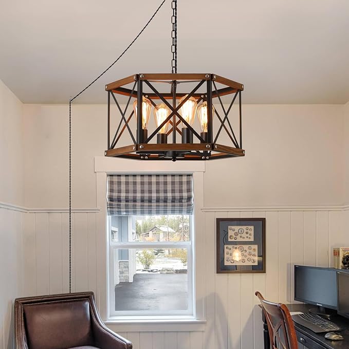 4-Light Large Rustic Farmhouse Plug in Pendant Light Fixture with Adjustable Chain, Dimmable Switch, 20 inch Oak Wood and Metal Cage Hanging Lamp for Dining Room Living Room Farmhouse Entry, Black