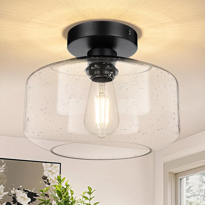 SunRider Industrial Semi-Flush Mount Ceiling Light Fixture, Seeded Glass Lamp Shade, Black Metal Farmhouse Lights for Hallway Kitchen Bedroom, X-Large