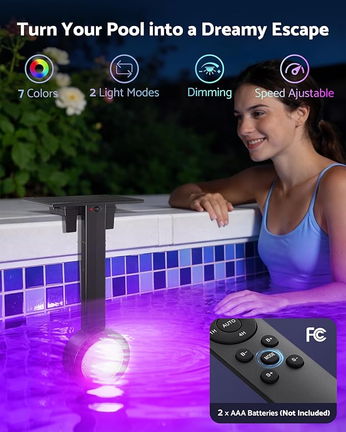 Solar Pool Lights for Inground Pools with Remote, 18in 5W LED RGB Underwater Swimming Pool Light Fixture, 7 Colors 2 Modes Dimmable, IP68 Waterproof, Dusk Auto On & Timer Off, Black