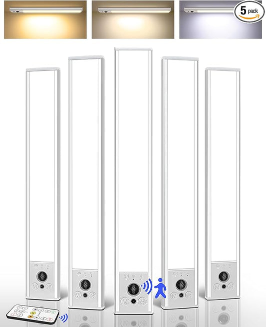 EZVALO 5-Pack Under Cabinet Lighting, 3200mAh Rechargeable Motion Sensor Light, 12inch Magnetic Closet Lights with Dimmable & 3 Color Temps, Wireless Motion Activated Lights with Remote for Kitchen