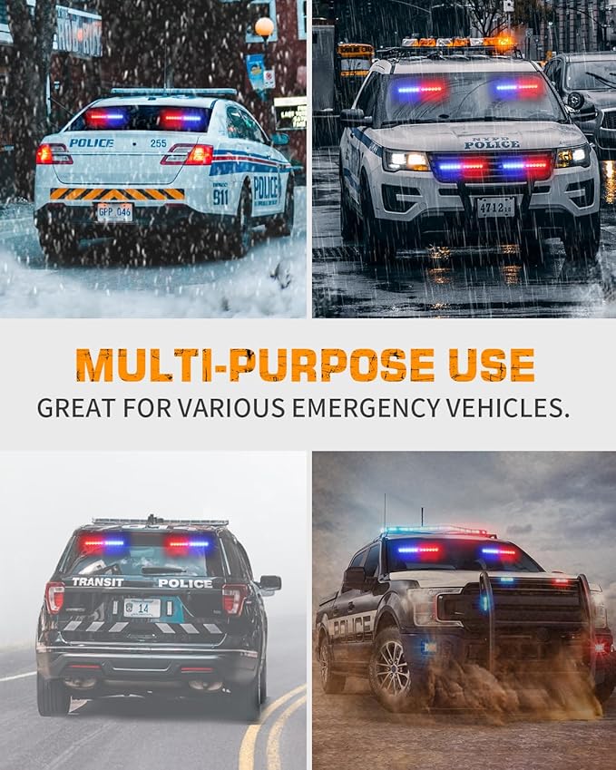 XRIDONSEN 2x 10.7 inch Red Blue Police Lights 24 LED Emergency Strobe Lights Warning Flashing Safety Side Window Front/Rear Windshield Light Grill Surface Mount for Law Enforcement Vehicles Trucks Car