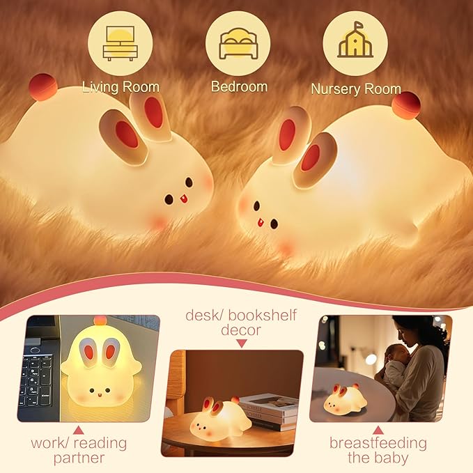 Cute Bunny Night Light, Squishy Rechargeable Bunny Lamp Kids Easter Gift, Big Face Rabbit Decor, Mom or College Girl Gifts, Dimmable Bunnies, Nursery Touch Nightlight, Safe Silicone