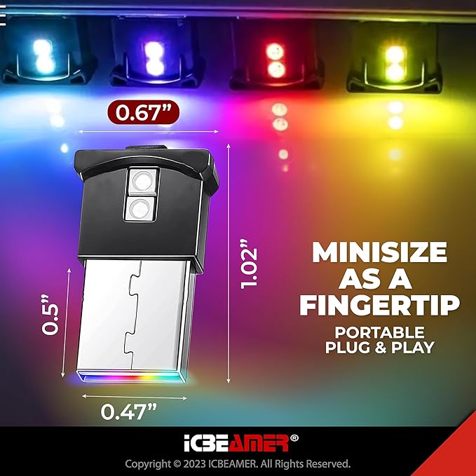 ICBEAMER 2 pcs Mini Smart USB Type-A | Color: Green | LED Night Light for Car Interior, Trunk, Center Console. Easy Plug-in, Enhance Automotive Ambiance, Perfect for Night Use.