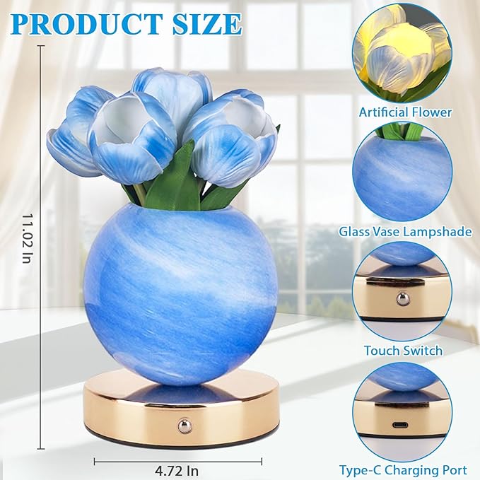 Tulip Table Lamp, Rechargeable Cordless Touch Dimming Artificial Tulip Flower Desk Lamp, LED Flower Bedside Night Light Romantic Gifts for Girl Women Mom (Blue Tulip)