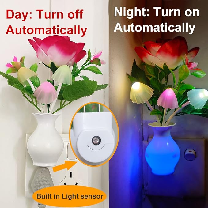 AUSAYE 2 Pack Sensor LED Night Light Plug-in Nightlight, Color Changing Mushroom Light Rose Flower Night Lights for Kids Adults Bedroom, Bathroom, Nursery, Kitchen, Basement