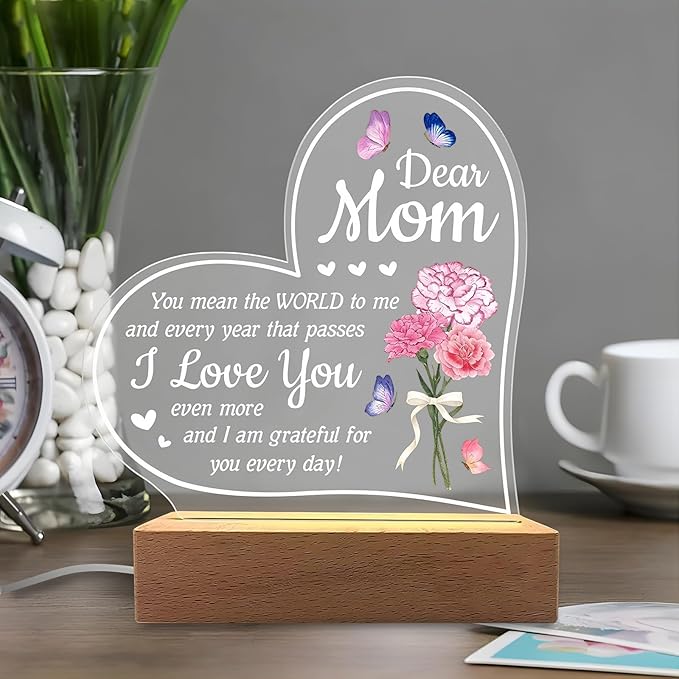 Carnation Heart Shape 3D Crystal Acrylic Light with Wood Stand, LED Night Light for Kids Room Decor, Gift for Mom on Birthday or Holiday, Home Decor Art Display