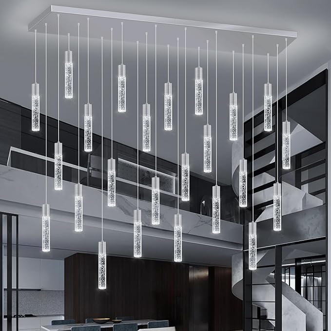 24-Lights Modern Crystal Chandeliers LED Pendant Light for Kitchen Island Dining Room Entrance Foyer Living Room Silver