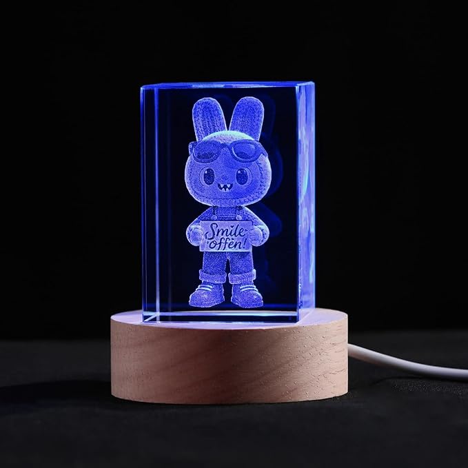 Crystal Ball Night Light, 3D Easter Bunny Crystal Ball Decor, Laser Engraved Glass Sphere with Wooden Base, USB LED Night Light for Bedroom Desk