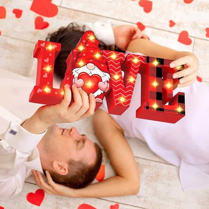 Menkxi Valentines Day LED Wooden Sign Valentine's Day Table Decorations Wooden Love Decor Valentine Tiered Tray Decor Light up Valentine Table Centerpiece Decor for Home Party Desk Office Room