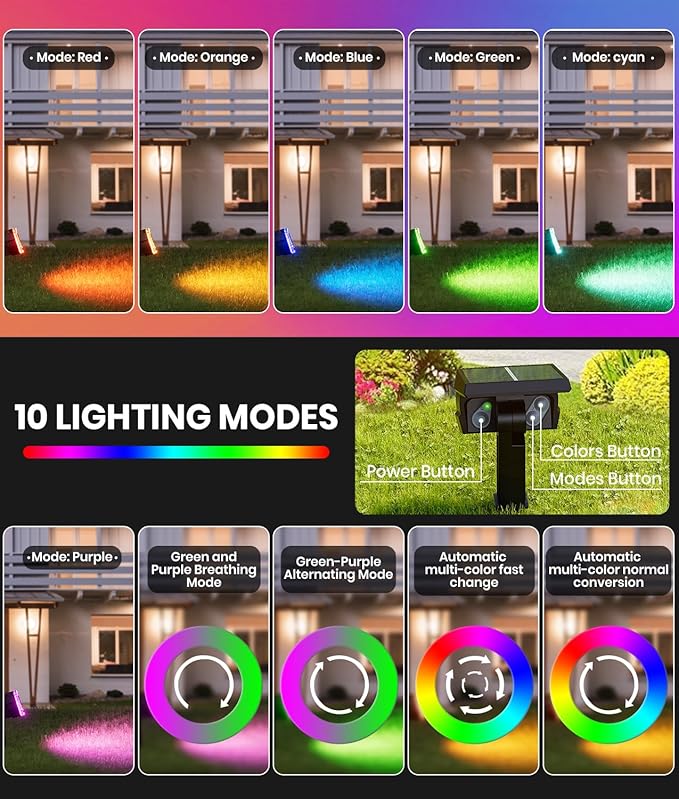 Solar Spot Lights Outdoor 2-Pack Multicolor IP65 Waterproof RGB - 6 Colors, 2 Modes, 105° Adjustable 58 LED Flood Lights, Solar Powered Spotlights for Yard, Garden, House & Landscape Lighting Outside