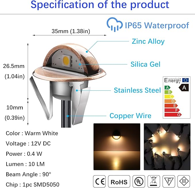 LED Outdoor Deck Lights Kits, Φ1.38in Warm White 10 Pack Bronze, Low Voltage 12V DC IP65 Waterproof, Electric Wired Recessed Stair Step Riser Mini Under Landscape Lighting for Exterior Floor