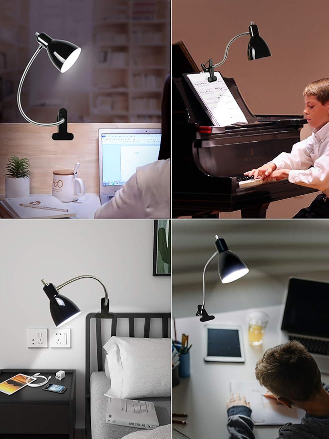 Desk lamp Eye-Caring Table Lamps, 360°Rotation Gooseneck Clip on Lamp Reading Light Portable Reading Book Light Clamp Study Desk Lamps for Bedroom and Office Home Lighting (Black)