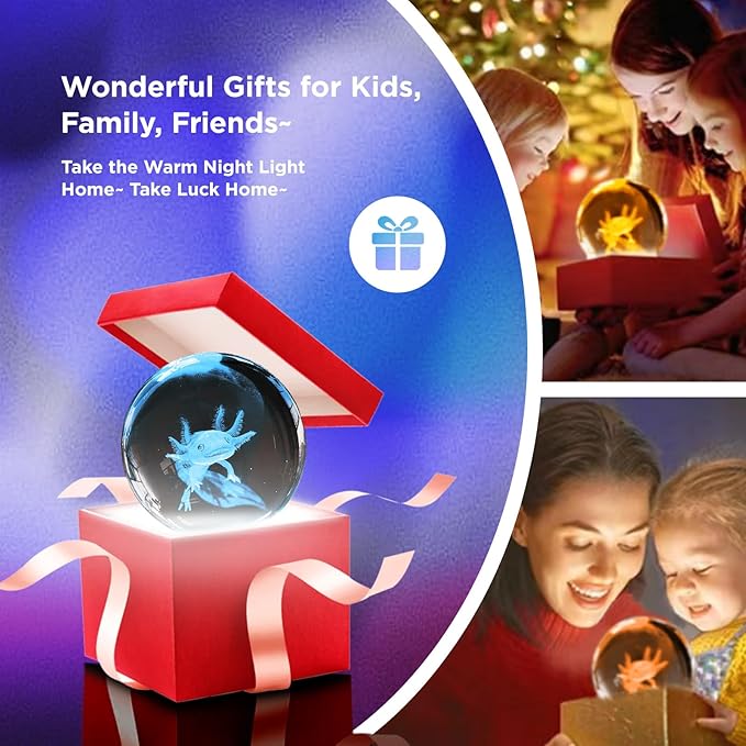 3D Axolotl Crystal Ball Night Light,3.15in k9 Crystal Ball Lamp with 16 Colors Change,Wooden Base and Remote Control Decor Axolotl Gifts for Kids