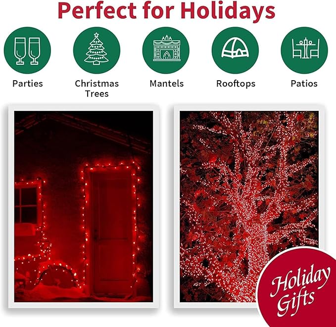 LAMPHOME 66ft Christmas Decorative Mini Lights,200 LED Green Wire Fairy Starry String Lights Plug in, 11 Lighting Modes, for Indoor Outdoor Xmas Tree Wedding Party Decoration (Red)