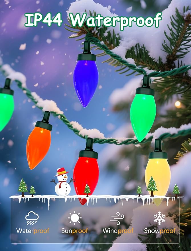 26FT C9 Christmas String Lights, Outdoor Christmas Decorations Lights with 50 LED C9 Multicolor Opaque Bulbs Waterproof, Hanging Patio Light for Christmas Tree Patio Roofline Garden Party Holiday