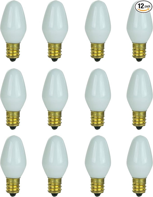 Sunlite 01059 7C7 Incandescent Bulb, 7 Watt, Candelabra E12 Base, C7 Small Night Light, Colored Bulb, White, 12 Count