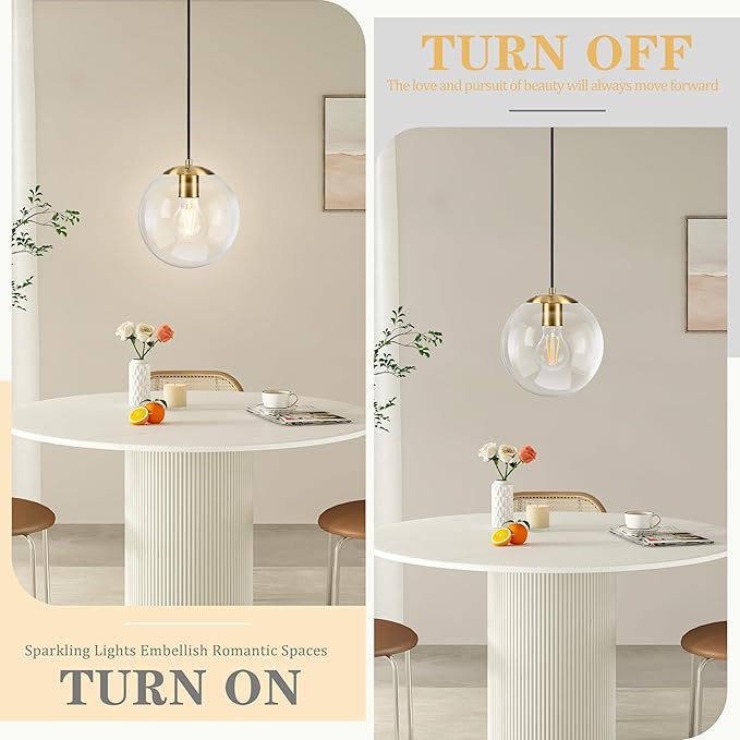 KoKo&Yukina 8" Globe Pendant Light Gold Plug in Pendant Light Adjustable Hanging Lights with Plug in Cord Brushed Gold Finished with Clear Glass Lampshade for Bedroom Kitchen Island（Bulb Included）
