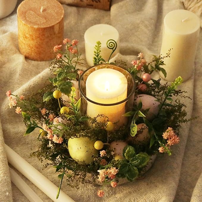 Colorful Easter Eggs Glass Tealight Candle Holder Cup, Candle Sticks lamp Tea Light Candlestick Holder with Artificial Plants Flowers for Spring Easter Home Table Centerpiece Decors (Exclude Candles)