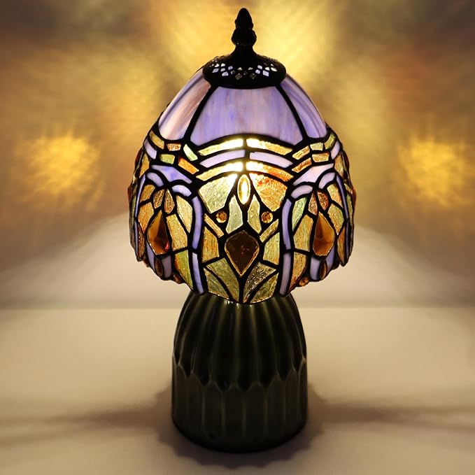 Tiffany Lamp Stained Glass Mushroom Table Lamps 6X6X12.5 Inch Purple Jewelry Baroque Style Small Night Light Ceramic Base Mini Accent Desk Light Suitable for Bedside Table Bedroom Children Room