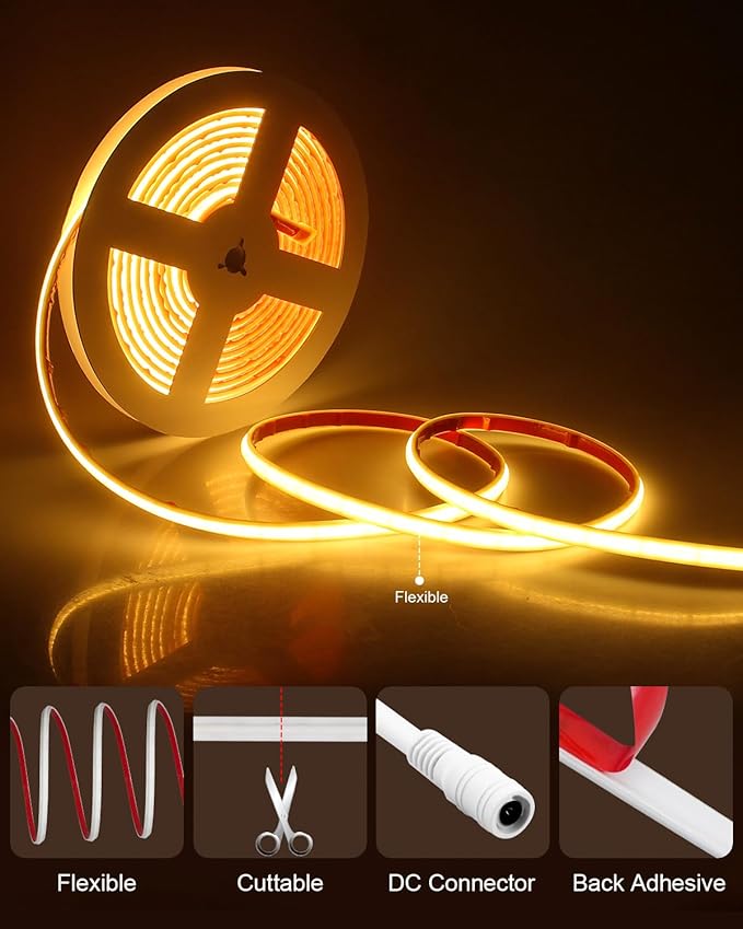 ALITOVE 24V Warm White COB LED Strip 3000K Waterproof IP68 Bright LED Rope Lights Outdoor 16.4ft CRI>90 1200LEDs for Bedroom Home Garden Patio Lighting(Power Supply Needs to be Purchased Separately)