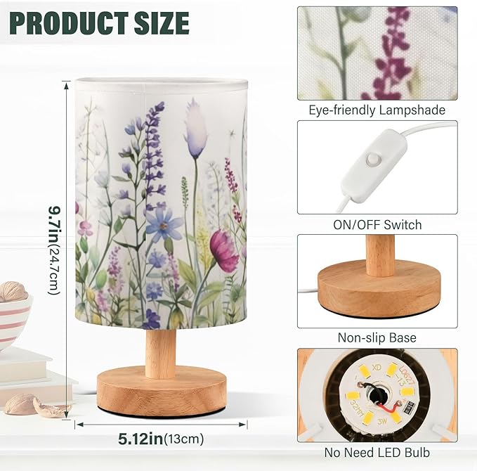 Kigai Wild Flowers Bedside Table Lamp,Nightstand Lamp with USB Ports Bedside Lamp for Living Room Bedroom Home Office