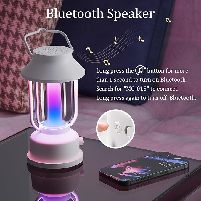 Retro RGB Portable Night Light with Bluetooth Speaker, Constant Light and Fantasy Color Two Modes, Romantic Atmosphere Lamp, Vintage Camping Light with Handle (White)