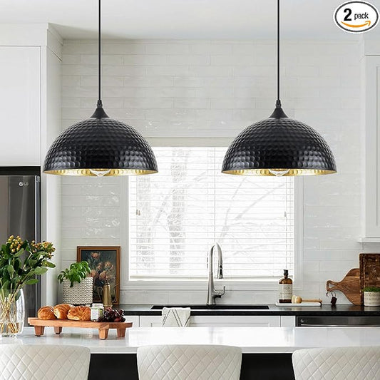 Hammered Pendant Lights Kitchen Island 2 Pack, 12 Inch Black Dome Pendant Light, Industrial Hammered Pendant Light, Island Pendant Lights for Kitchen, Dining Room, Cafe