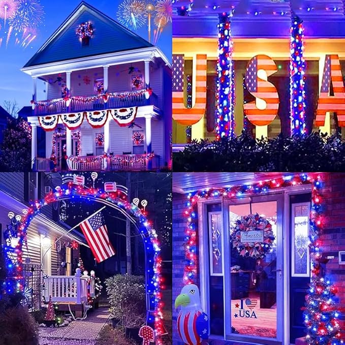 LAMPHOME Red White and Blue Lights, 4th of July Decorations String Lights Plug in Indoor Outdoor, 16 Modes Waterproof Patriotic Light for Independence Day Holiday Memorial Day Party Decor