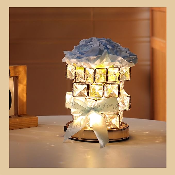 Rose Crystal Table Lamp, Rechargeable Cordless Rose Light 3 Colors Dimmable LED Flower Lamp for Bedroom Living Room Decor, Valentine Birthday Gift for Her (Blue)