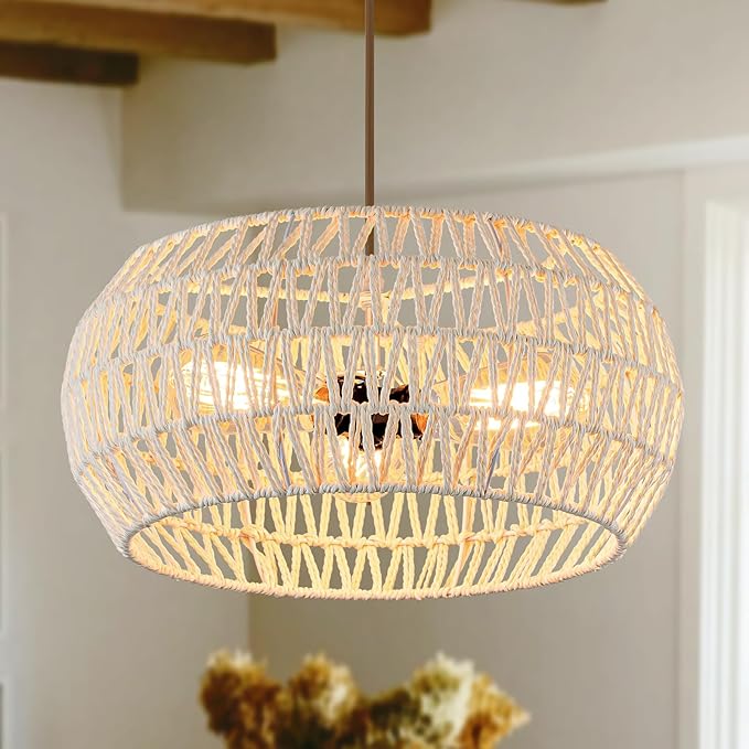 Boho Pendant Light,Dinning Room Light Fixture Rattan Chandelier Cream White Hanging Light Ceiling Mount Hand Woven Lamp Shade Bohemian Drum Chandelier Basket Light for Bedroom Kitchen Island Hallway