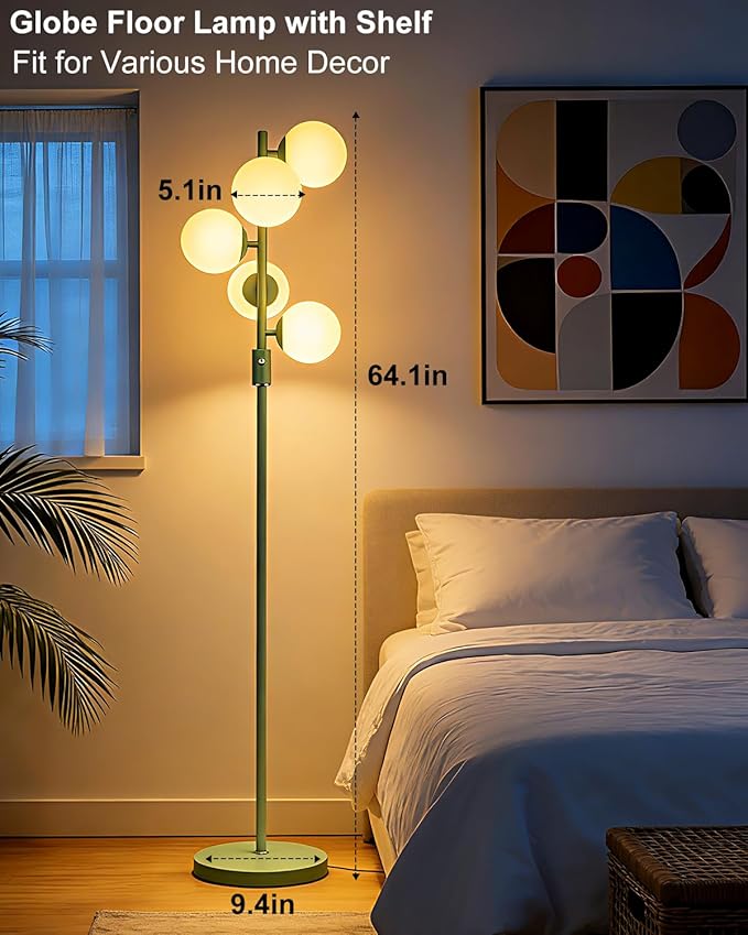 Lightdot Dimmable Globe Floor Lamp Mid Century Modern Floor Lamp with 5Pcs 3000K G9 Bulbs Stepless Brightness Adjustable Green Standing Lamps with Stable Base for Living Room Bedroom Office