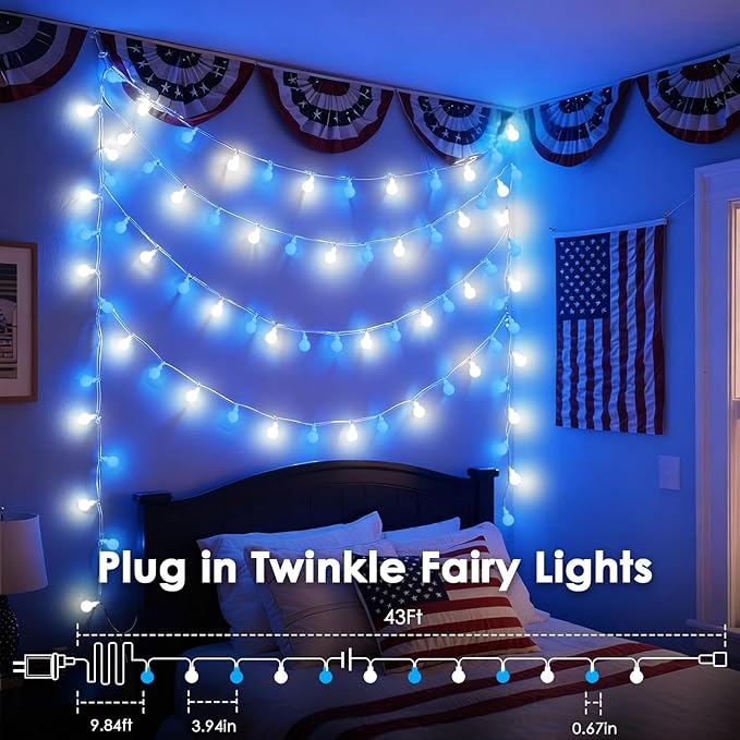 LORRYTE 43FT Connectable String Lights Indoor Outdoor | 100LED Blue and White Globe Fairy Lights Plug in with Timer, 13 Modes Hanging Light for Bedroom Classroom Wedding Party Girl's Room Decorations