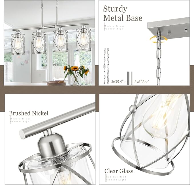 4-Light Kitchen Island Lighting, Modern Brushed Nickel Dining Room Light Fixtures with Clear Glass, Farmhouse Industrial Linear Chandelier Pendant Light with Adjustable Chain, CH9176BN-4IS