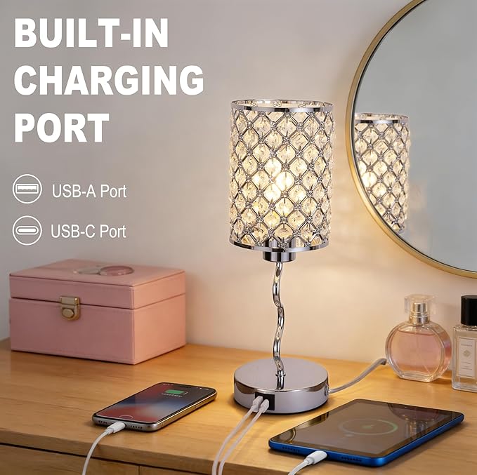Crystal Table Lamp with 3 Way Dimmable Touch Control, Nightstand with USB A+C Ports, Modern Bedside Touch Lamp for Bedroom, Living Room, Office Reading, Silver