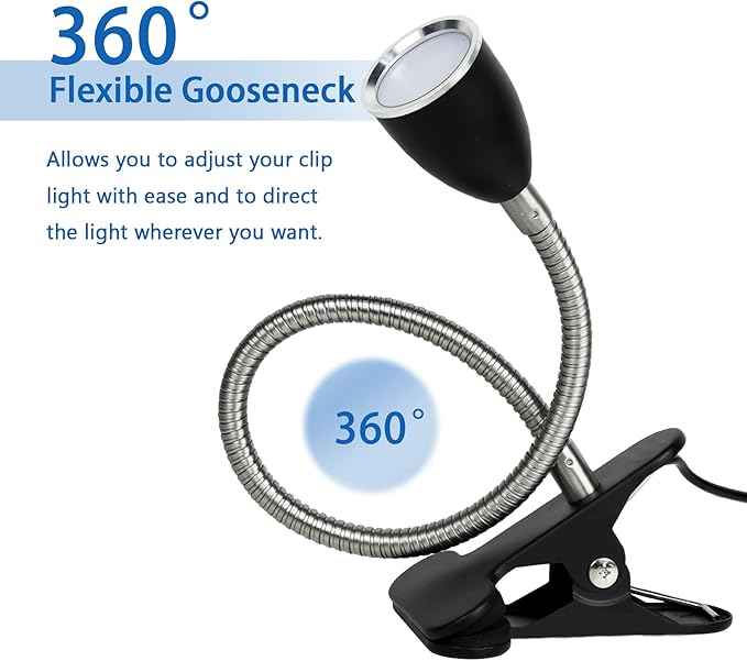 Desk lamp Eye-Caring Table Lamps, 360°Rotation Gooseneck Clip on Lamp Reading Light, Portable Reading Book Light, Clamp Light, Study Desk Lamps for Bedroom and Office Home Lighting (Black with Dimmer)